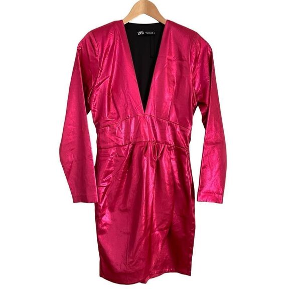 Zara Pink Metallic Foil Laminated Deep V Neck Longsleeve Dress, New - Picture 5 of 7